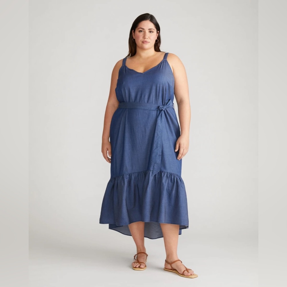 NWT Universal Standard Perfect Tencel Chambray Flutter Hem Dress Midnight Blue